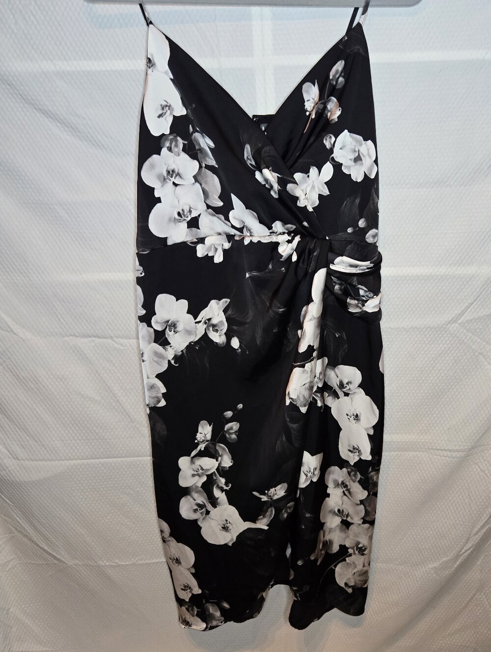 Black & White Floral Faux Wrap Midi Dress